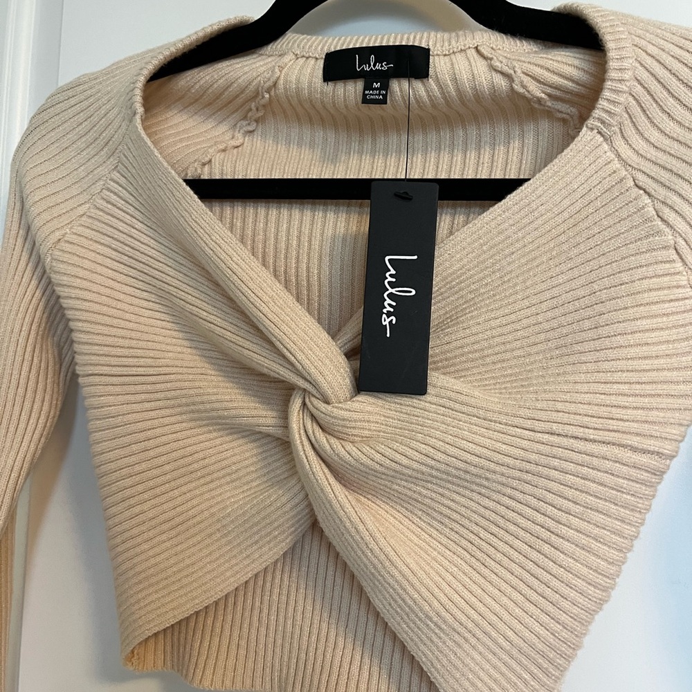 Lulus In A Twist Beige Knot-front Cropped Sweater - Size M - Picture 5 of 6